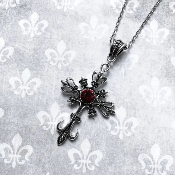 Stainless Steel Ruby Cross Unisex Pendant Necklace - Picture 3 of 8